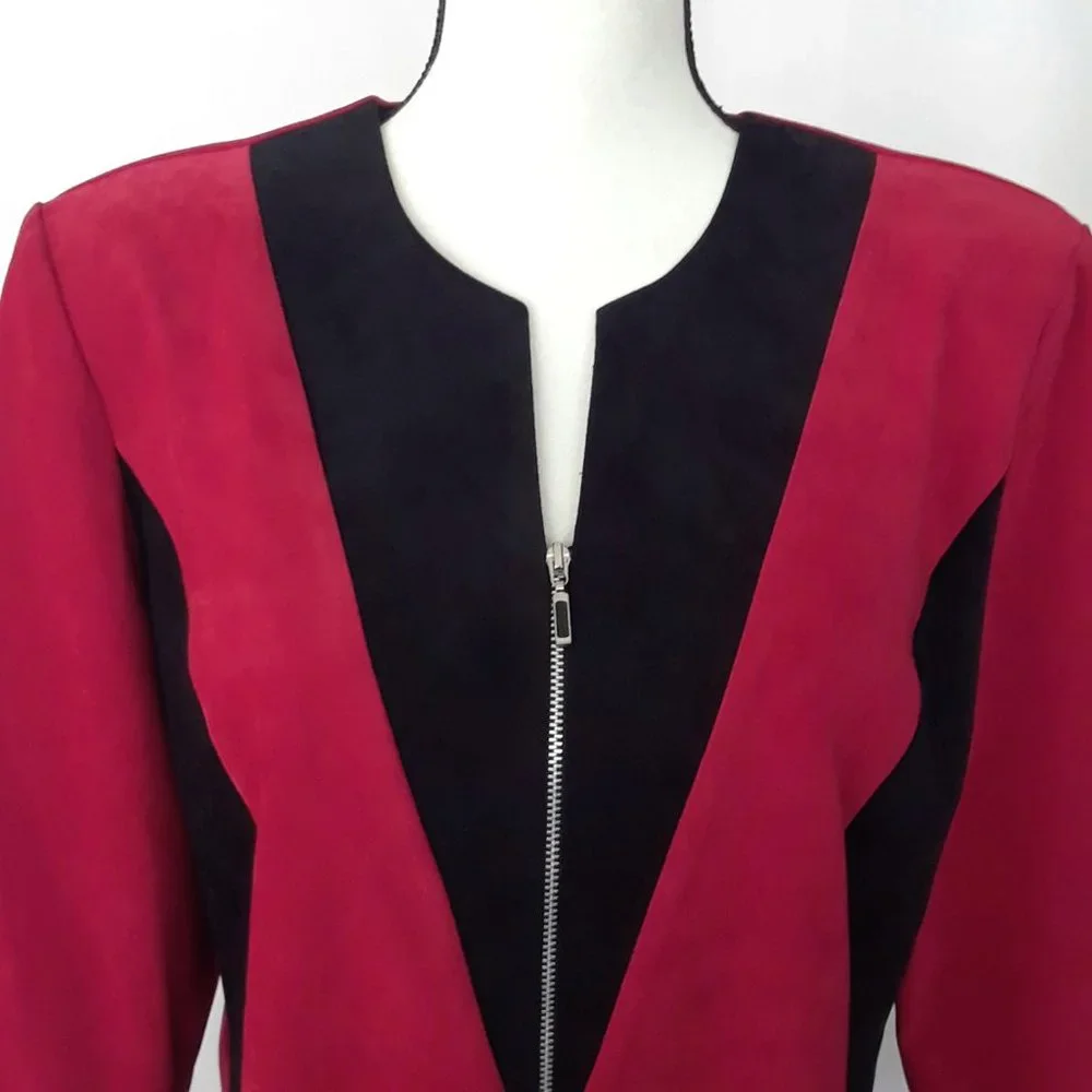 Vintage 1980s Red Black Micro Suede Zip Up Jacket - Picture 7 of 10